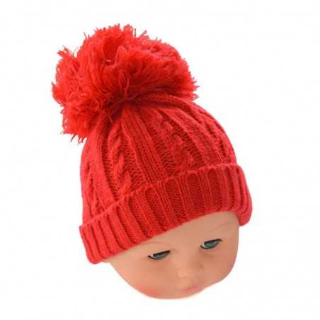 Soft Touch Βρεφικό Πλεκτό Χειμωνιάτικο Σκουφάκι με Μεγάλη Φούντα – Κόκκινο (H476R) - Σκούφοι/ Καπέλα