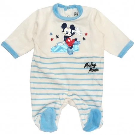 Βρεφικό Βελούδινο Φορμάκι Disney Baby Mickey Mouse - Λευκό/Γαλάζιο με Ρίγες (DIS BMB 51 05 A012 VELOUR) - Φορμάκια χειμωνιάτι...