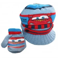 Βρεφικό Χειμωνιάτικο Σετ Disney Baby "Cars" - Πλεκτό Σκουφάκι με Γείσο & Γάντια - Lightning McQueen (HO4427) - Σκούφοι/ Καπέλα