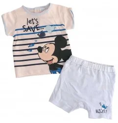 Βρεφικό Καλοκαιρινό Σετ Disney "Mickey Mouse" - Μπλούζα "Let's Save" & Λευκό Σορτσάκι (100% Βαμβάκι) (UE0037 BEIGE) - Καλοκαι...