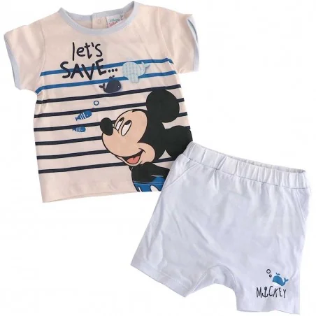 Βρεφικό Καλοκαιρινό Σετ Disney "Mickey Mouse" - Μπλούζα "Let's Save" & Λευκό Σορτσάκι (100% Βαμβάκι) (UE0037 BEIGE) - Καλοκαι...