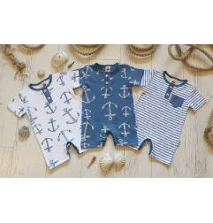 Makoma Βρεφικό Καλοκαιρινό Φορμάκι "Blue Sea" N – Denim Blue με Λευκές Άγκυρες & 100% Βαμβάκι (02226KRN BLUE) - Καλοκαιρινά φ...