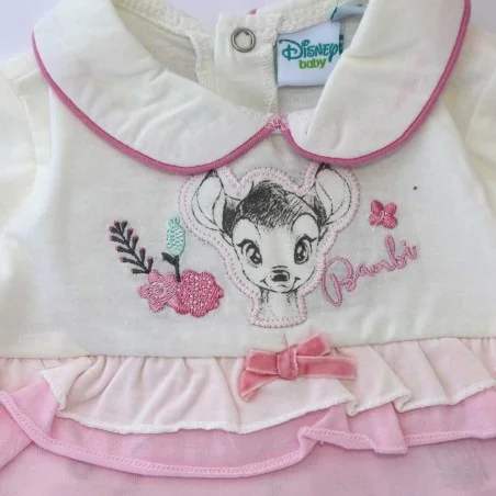 Βρεφικό Ολόσωμο Φορμάκι Disney Baby "Bambi" - Λευκό & Ροζ με Γιακά και Βολάν (100% Βαμβάκι) (ER0031)