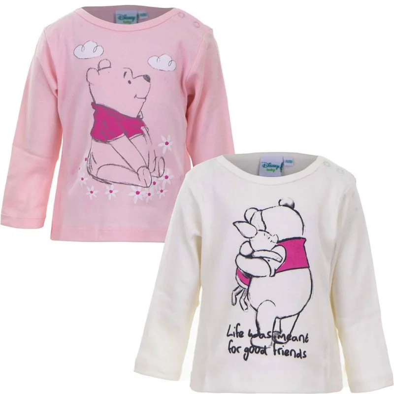 Σετ 2 Τεμαχίων Disney Baby Winnie the Pooh Βρεφικές Βαμβακερές Μπλούζες – Ροζ & Λευκό (1038 Girl)