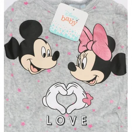 Βρεφικό Βελούδινο Φορμάκι Disney Baby Mickey & Minnie Mouse "LOVE" - Γκρι Μελανζέ με Ροζ Αστεράκια (HU0320 Grey)