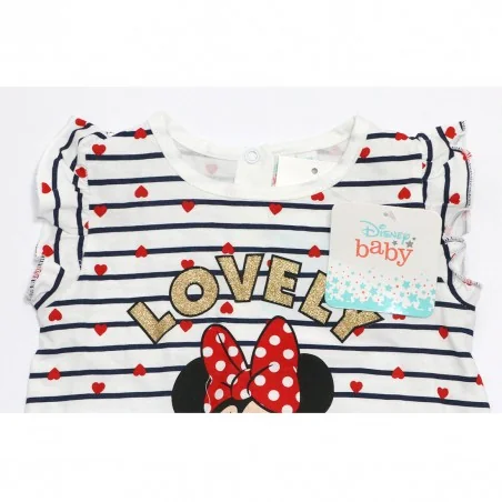 Βρεφικό Καλοκαιρινό Φορμάκι Minnie Mouse "Lovely" – Λευκό με Ναυτικό Ριγέ & Καρδούλες -100% Βαμβάκι (EV0083 navy)