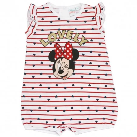 Βρεφικό Καλοκαιρινό Φορμάκι Minnie Mouse "Lovely" – Λευκό με Κόκκινο Ριγέ & Μπλε Καρδούλες -100% Βαμβάκι (EV0083 red) - Καλοκ...