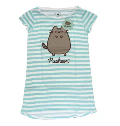 Γυναικείο Βαμβακερό Νυχτικό Big T-Shirt Pusheen Cat - Μέντα με Λευκό Ριγέ (PUSH 53 04 005 Mint) - Γυναικεία νυχτικά