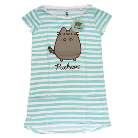Γυναικείο Βαμβακερό Νυχτικό Big T-Shirt Pusheen Cat - Μέντα με Λευκό Ριγέ (PUSH 53 04 005 Mint) - Γυναικεία νυχτικά