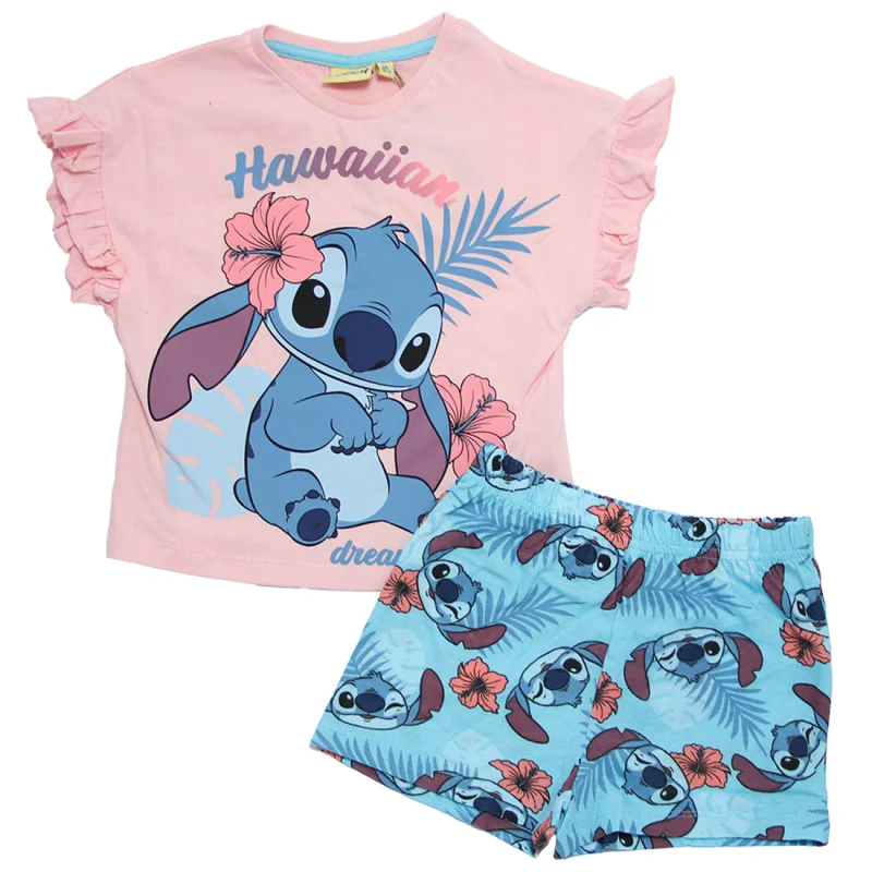 Κοριτσίστικη Καλοκαιρινή Πυζάμα Lilo & Stitch "Hawaiian Dream" – Ροζ Μπλούζα & Γαλάζιο Σορτσάκι 100% Βαμβάκι (EZ20028.L.PINK)