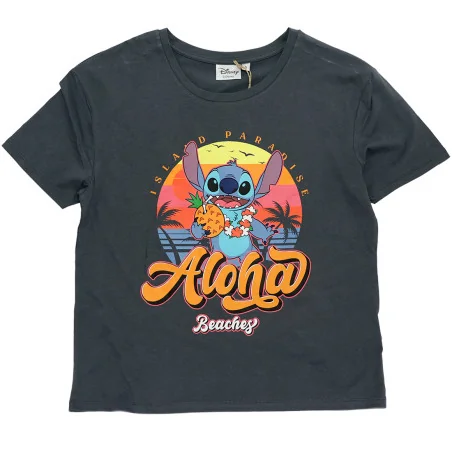 Γυναικεία Καλοκαιρινή Μπλούζα Lilo & Stitch "Aloha Beaches" – Σκούρο Γκρι / Γραφίτης 100% Βαμβάκι (EZ35022) - Γυναικεία μπλου...