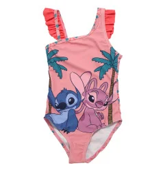 Παιδικό Ολόσωμο Μαγιό Disney Lilo & Stitch "Stitch & Angel" – Ροζ με Διακοσμητικά κοραλί Βολάν (EZ18066PINK) - Μαγιό για κορ...