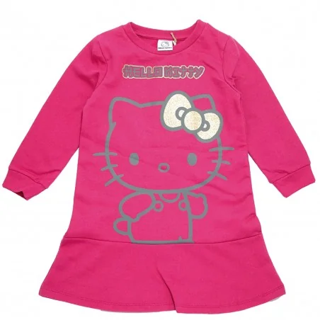 Παιδικό Φόρεμα Φούτερ για Κορίτσι Hello Kitty – Φούξια με Βολάν & Λαμπερό Φιογκάκι (HY10375Fushia)